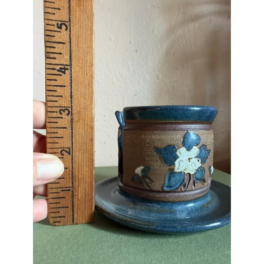 Signed Studio Pottery Floral Candle Holder – Handcrafted Blue & Brown Stoneware